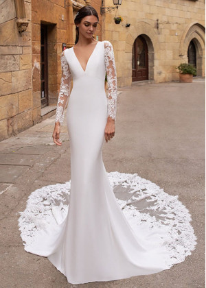 Long Sleeve V Neck Ivory Satin Lace Wedding Dress Long Sleeve V Neck Ivory Satin Lace Wedding Dress